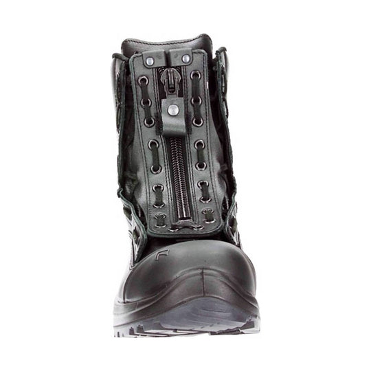 Black lace-up work boot with front zipper and rugged toe cap, shown from the front