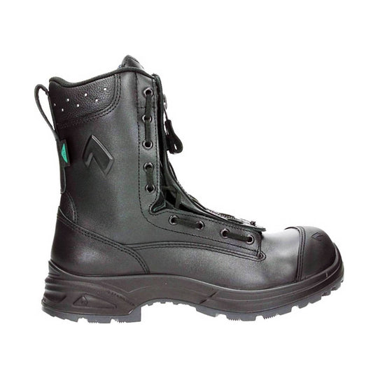 Black lace-up work boot with a reinforced toe cap and lugged outsole