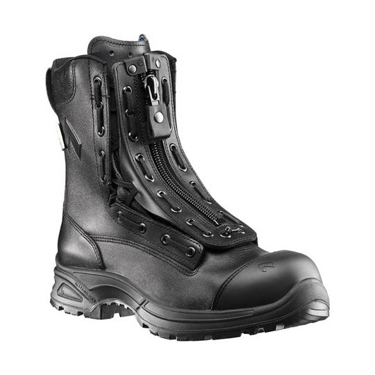 Tall black lace-up work boot with side zipper and reinforced toe