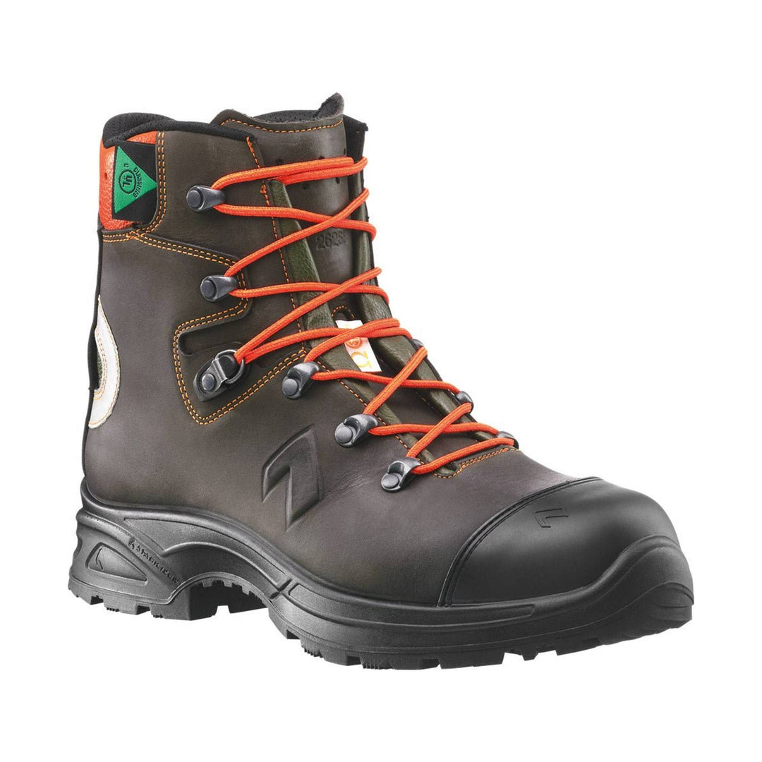 Brown leather work boot with orange laces, black toe cap, and pull tabs