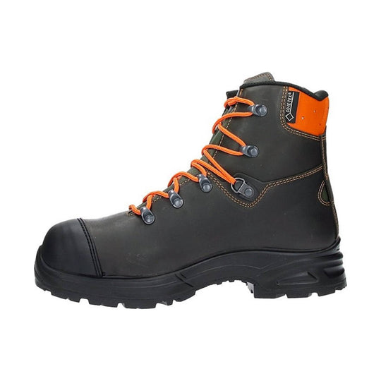 Black leather work boot with orange laces, thick treaded sole, and GORE-TEX tag