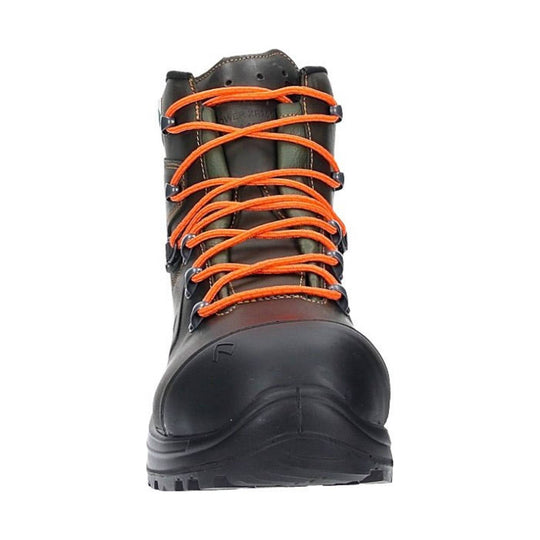 Brown and black work boot with bright orange laces, front view