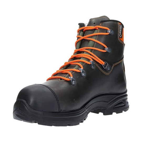Black lace-up work boot with orange laces and a protective toe cap