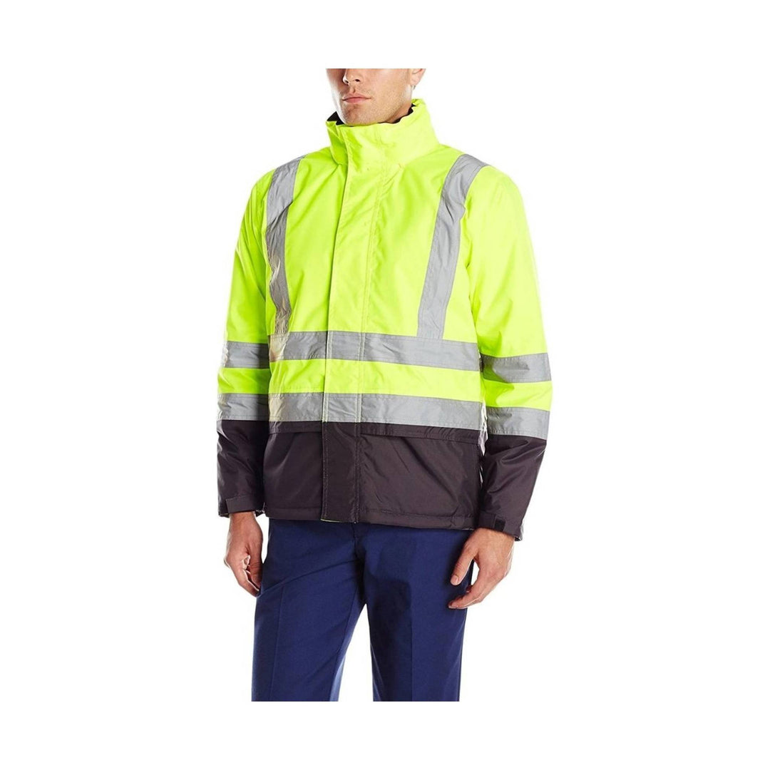 High-visibility insulated jacket with reflective silver stripes and dark lower half, shown on a model