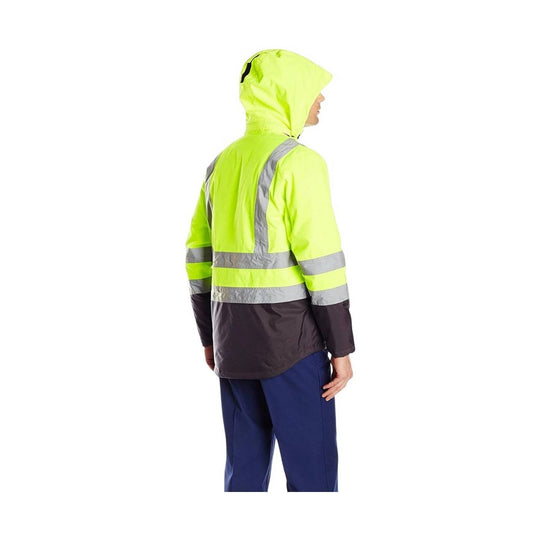 Hi-vis hooded jacket with reflective stripes, shown from the back and side