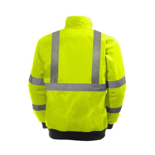 High-visibility yellow jacket with reflective silver stripes, shown from the back