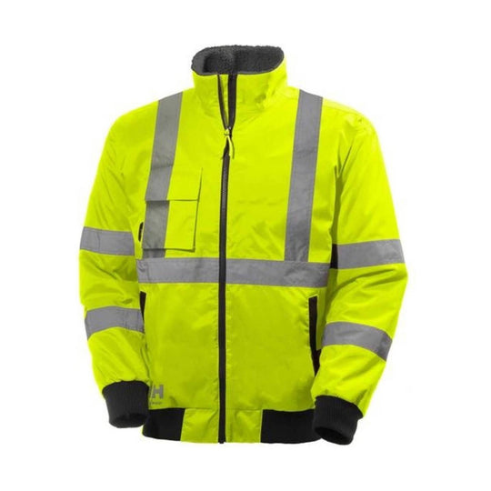 High-visibility yellow jacket with reflective stripes, front zipper, and chest pocket