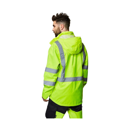 High-visibility neon yellow waterproof jacket with gray reflective stripes, shown from the back