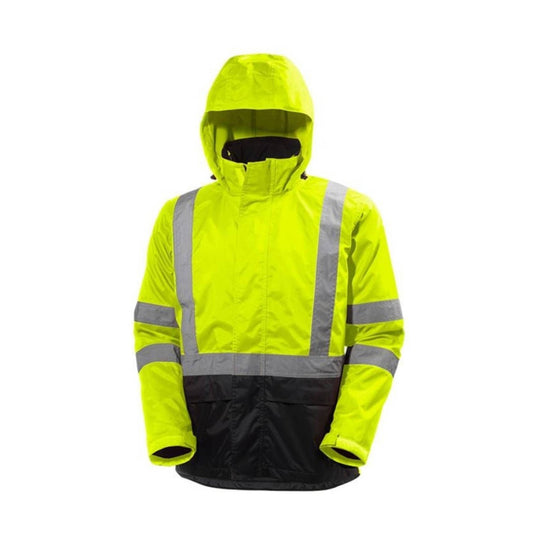 Neon yellow hooded waterproof jacket with reflective silver stripes and black lower panel