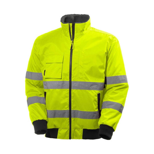 High-visibility yellow jacket with gray reflective stripes, black zipper, and fleece-lined collar
