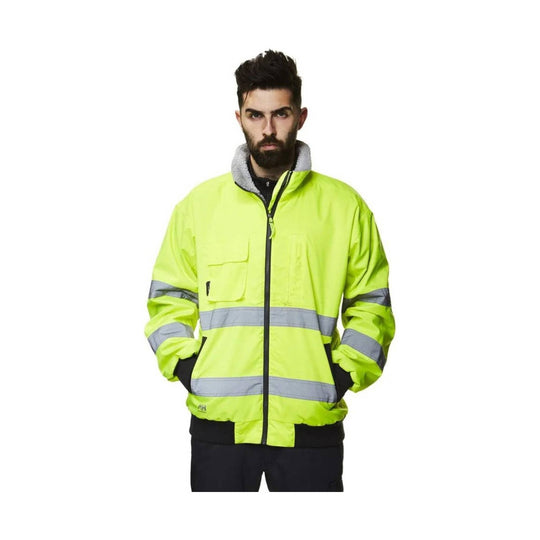 High-visibility neon yellow zip-up jacket with reflective stripes and chest pockets
