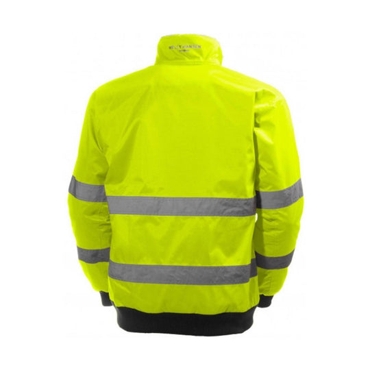 High-visibility yellow jacket with reflective gray stripes, shown from the back