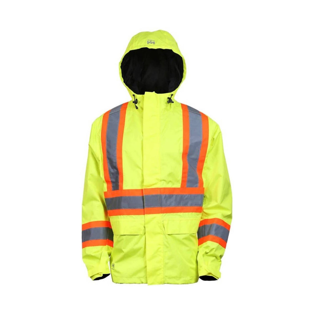 High-visibility yellow rain jacket with reflective orange and gray stripes and a hood