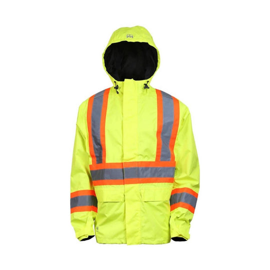High-visibility yellow rain jacket with reflective orange and gray stripes and a hood