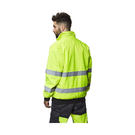 High-visibility yellow jacket with reflective gray bands, shown from the back