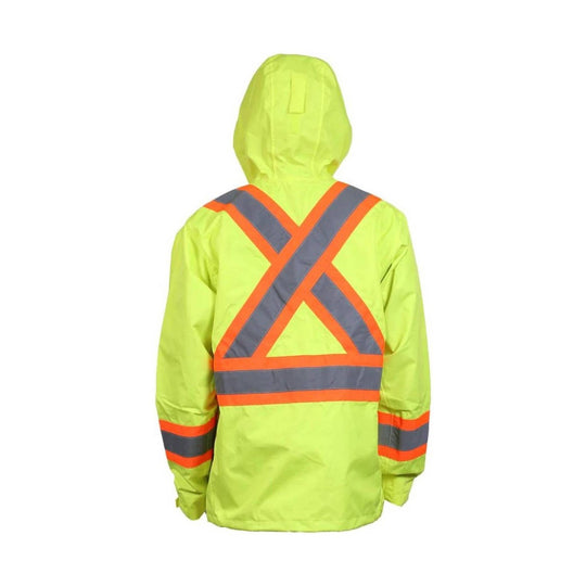 Neon yellow hooded rain jacket with reflective orange and gray X-shaped back stripes