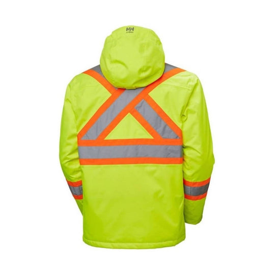 High-visibility yellow hooded jacket with reflective orange and gray X-shaped stripes on the back