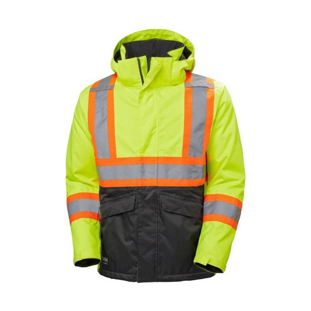 High-visibility hooded winter jacket with reflective orange and gray stripes and black lower panels