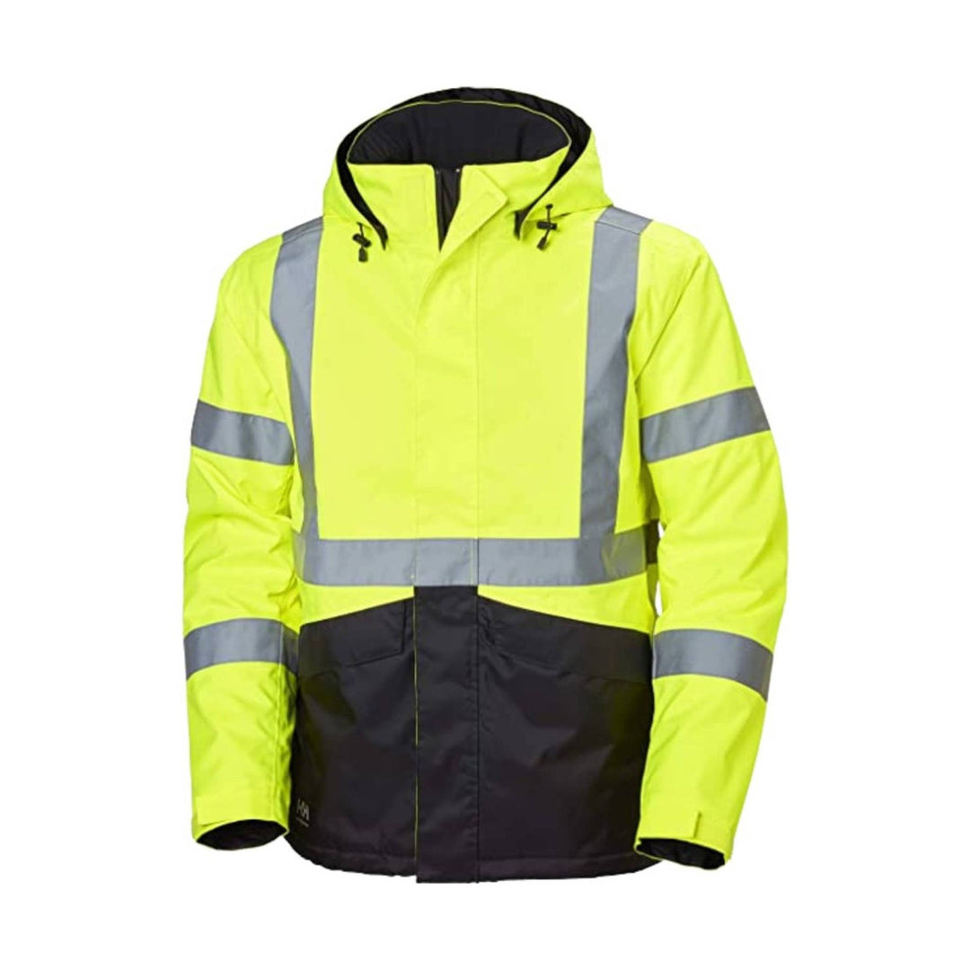 Hi-vis yellow hooded winter jacket with reflective silver stripes and black lower panel