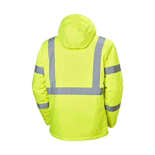 High-visibility neon yellow hooded jacket with gray reflective stripes, back view