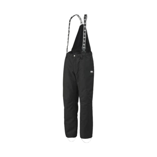 Black bib snow pants with suspenders and straight legs