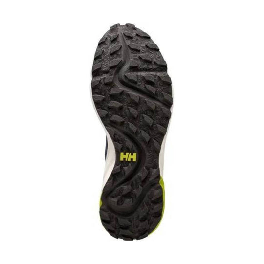 Trail shoe outsole with deep black lug tread and yellow HH logo