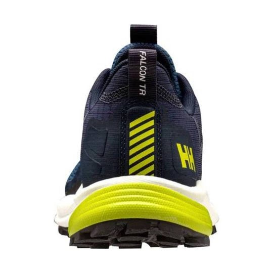 Navy trail running shoe with neon yellow heel and outsole, rear view