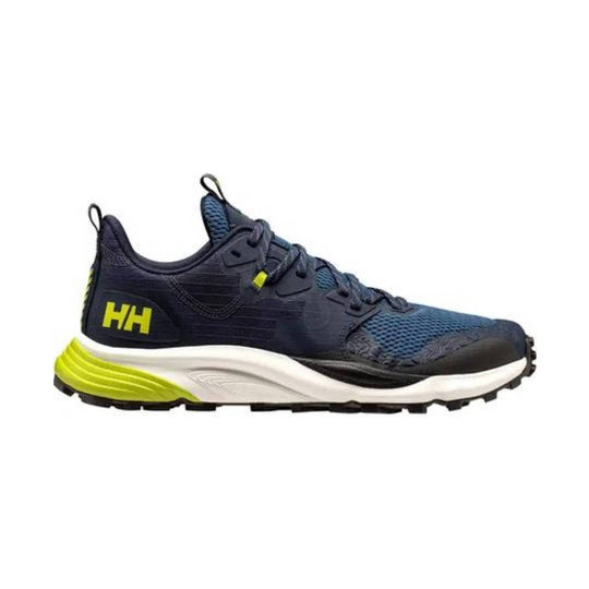 Navy trail running shoe with blue mesh upper, lime heel, and black lugged outsole