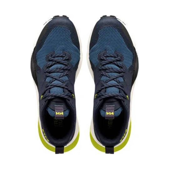 Blue and black trail running shoes with lime-green soles, shown top-down