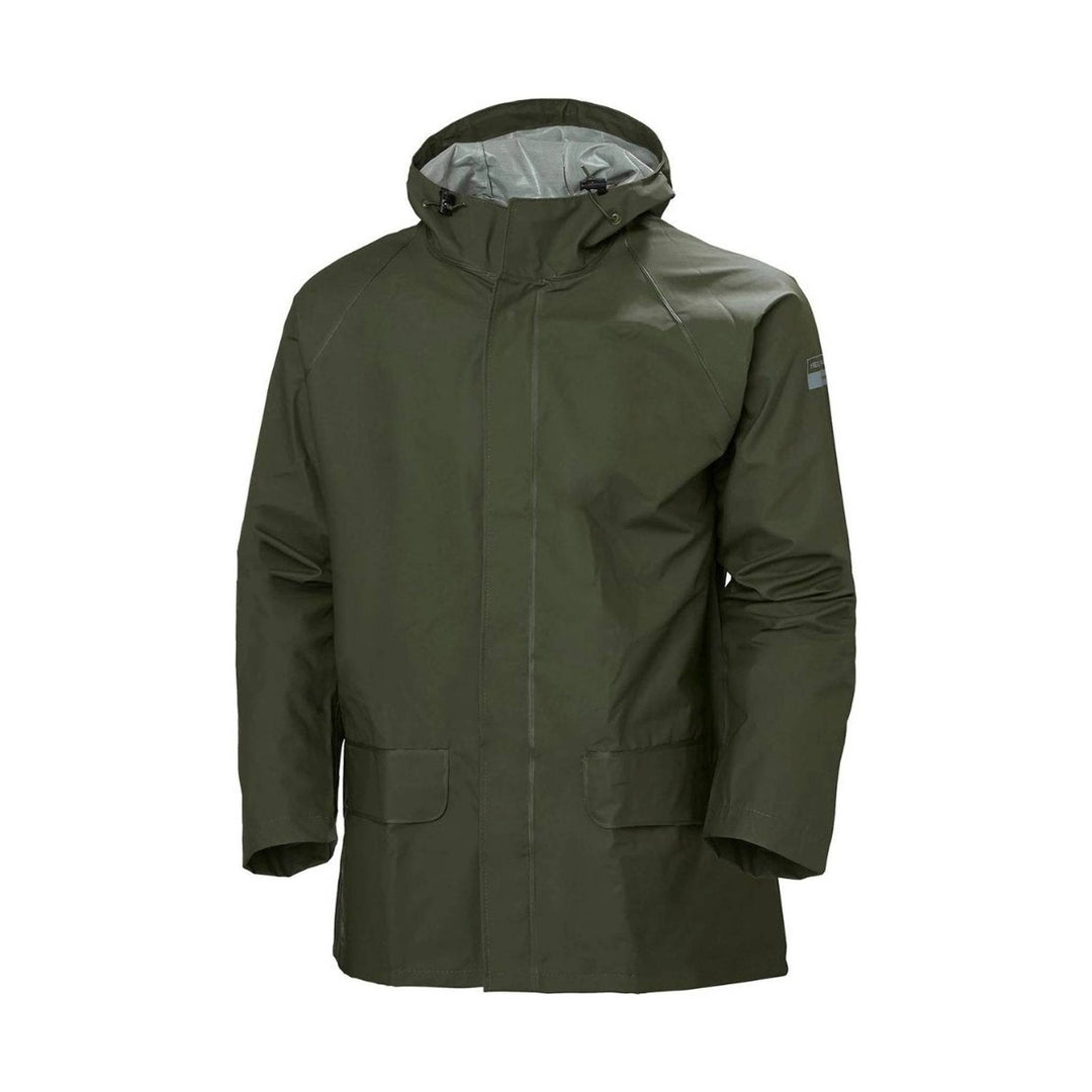 Olive green hooded waterproof jacket with front zip, flap pockets, and adjustable hood