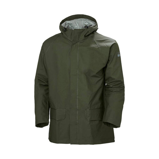 Olive green hooded waterproof jacket with front zip, flap pockets, and adjustable hood