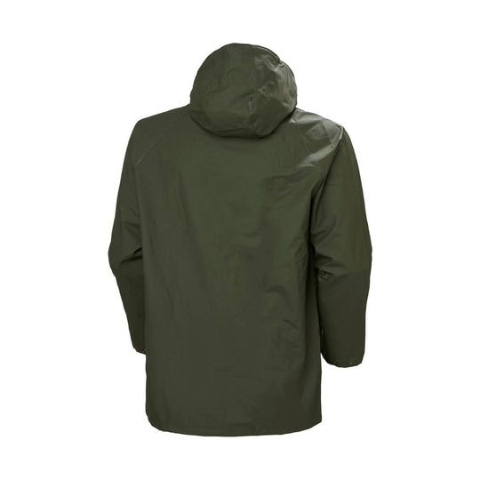 Olive green hooded rain jacket shown from the back