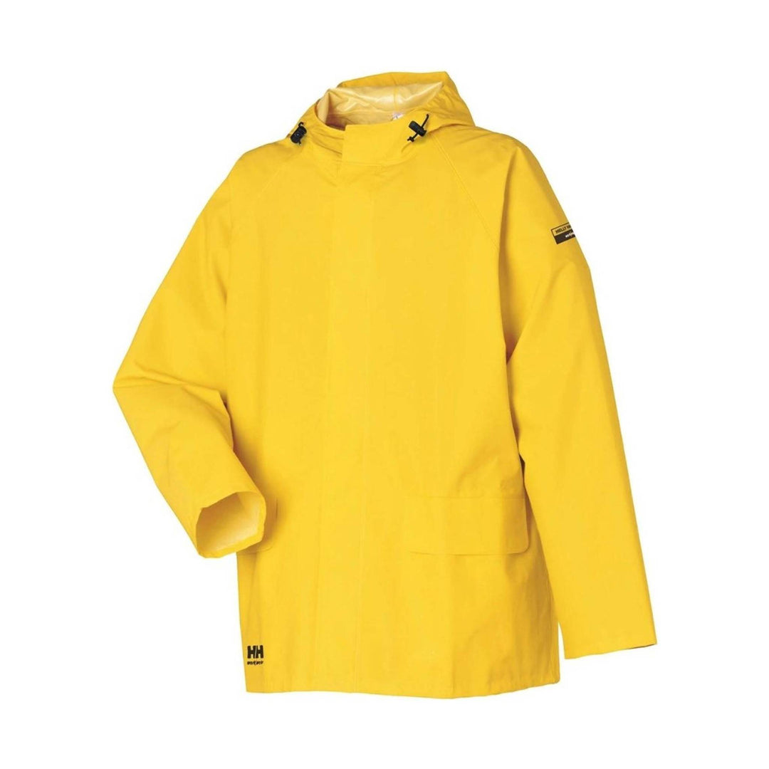 Bright yellow hooded waterproof jacket with black toggle closures and a front flap pocket