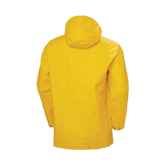 Yellow hooded waterproof jacket shown from the back