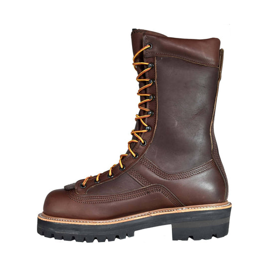 Brown leather lace-up work boot with a tall shaft and black lug sole, side view