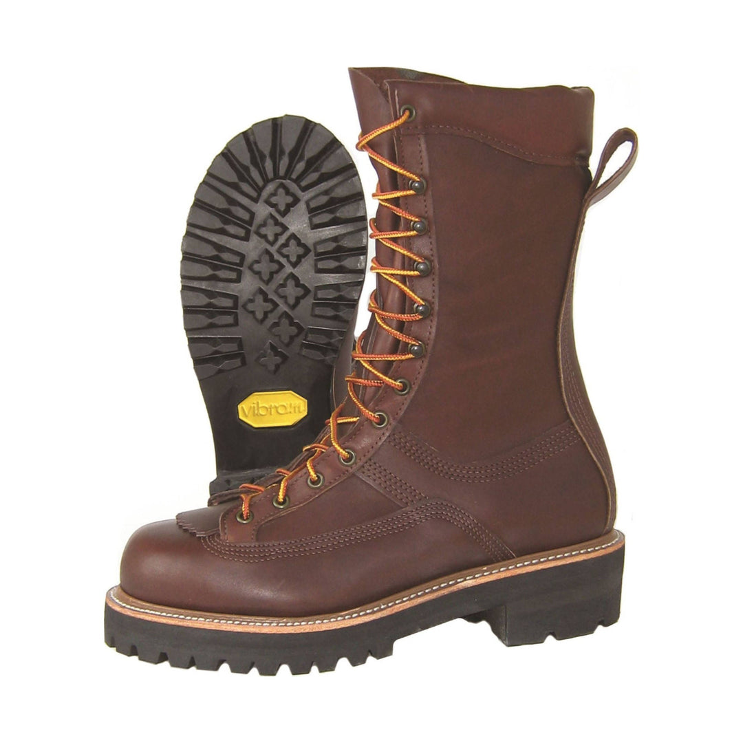 Brown leather lace-up work boot with a black lug sole, shown beside its treaded outsole