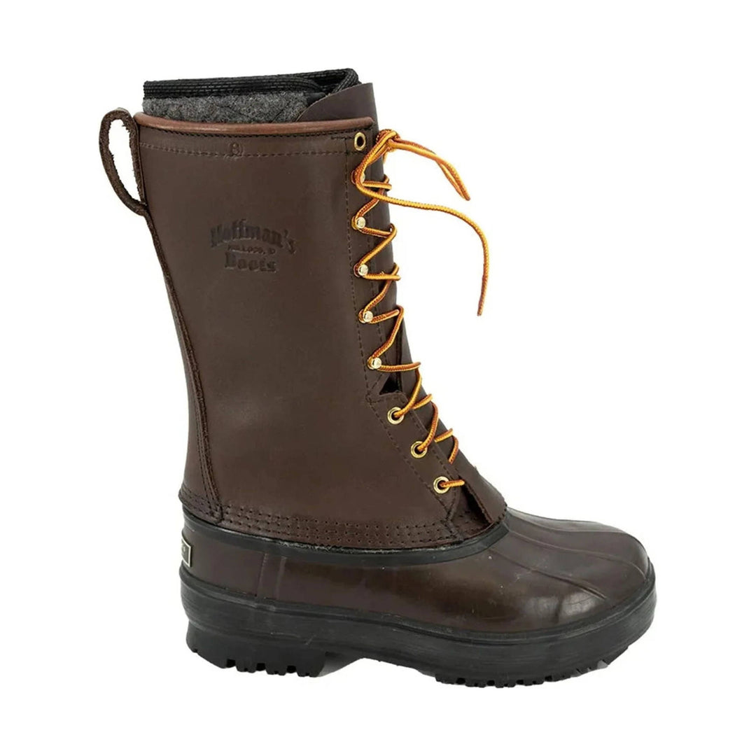 Brown insulated lace-up work boot with yellow laces and a black rubber sole