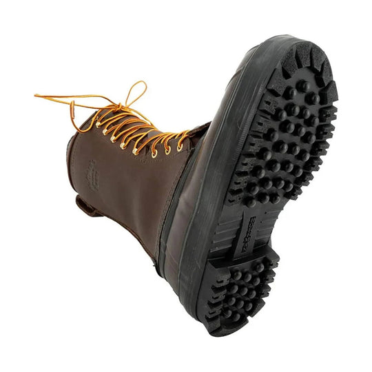 Brown insulated lace-up work boot with a black lug sole and bright yellow laces, shown from the bottom