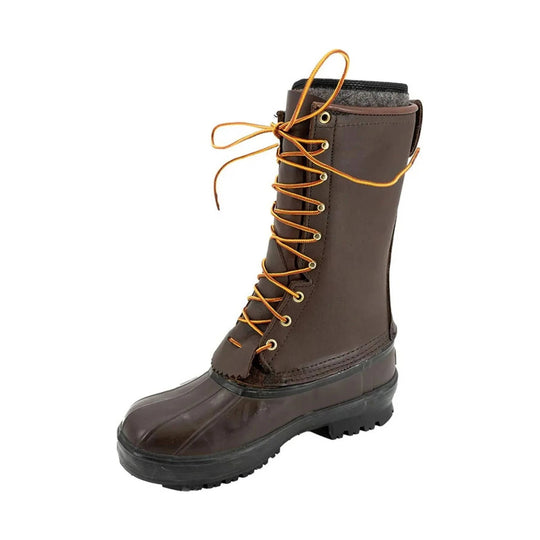 Brown tall lace-up work boot with rubber toe and sole