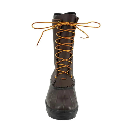 Brown tall work boot with orange laces, round toe, and black sole, shown from the front