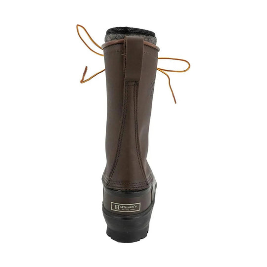 Brown tall insulated work boot shown from the back with orange pull laces and a black treaded sole