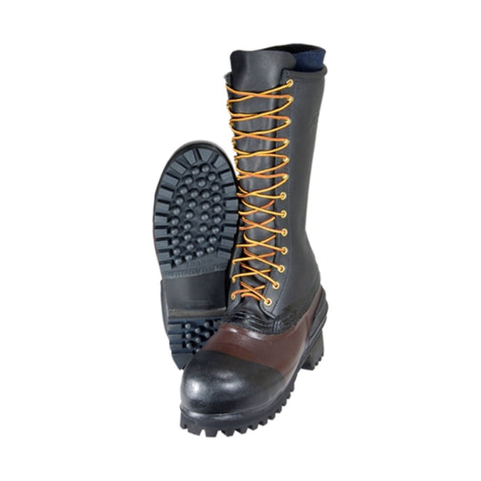 Black tall logger boot with brown toe cap, yellow laces, and lug sole shown front and sole views