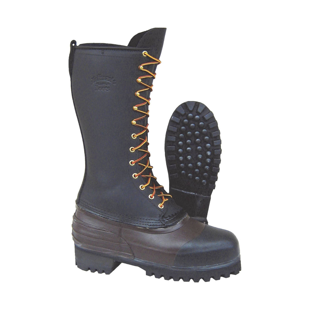 Black tall lace-up pac boots with yellow laces and lug soles, shown with one boot facing forward and one showing the outsole