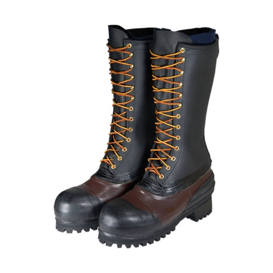 Black and brown insulated lace-up pac boots with tall shafts and lug soles