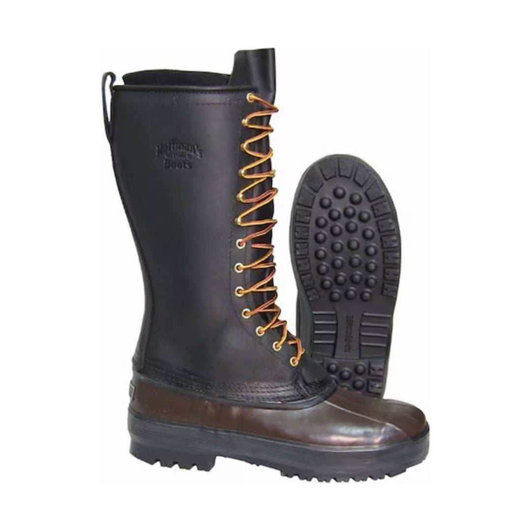 Tall black and brown lace-up pac boots with lug soles, shown in front and side views