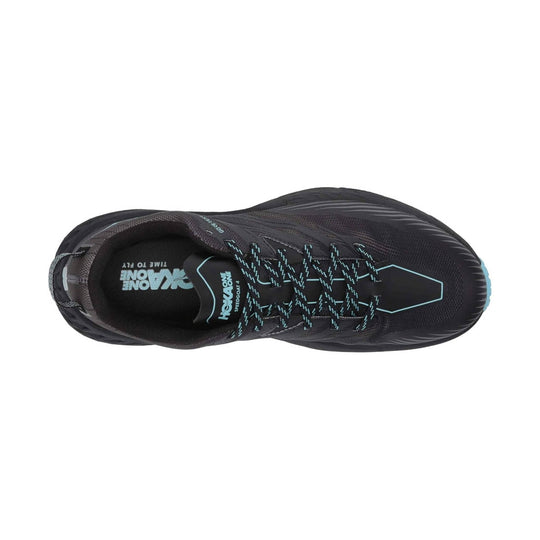 Black trail running shoe with teal laces, GORE-TEX marking, and HOKA ONE ONE SPEEDGOAT 4 branding