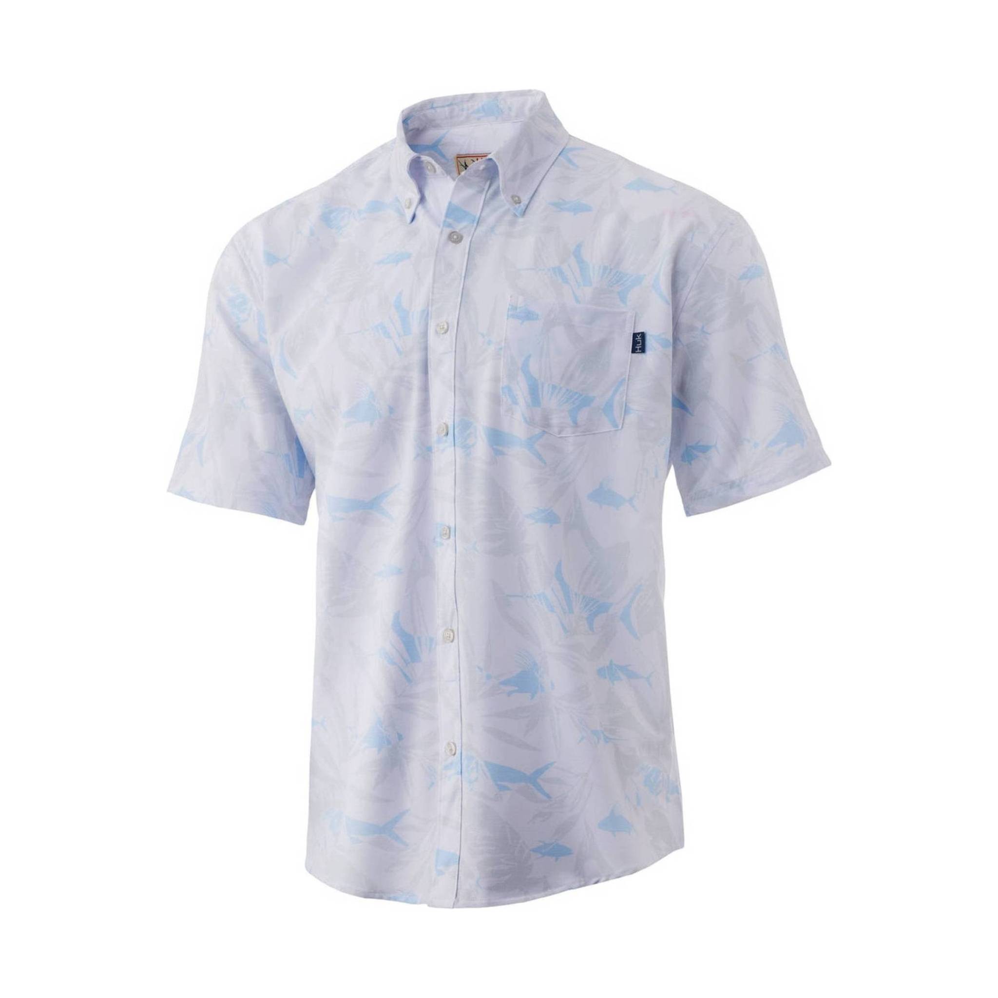Men's Huk Kona Ocean Palm Button Down Shirt, Large, White