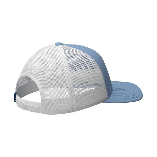 White mesh trucker hat with a light blue bill and crown panel, shown from the back/side.