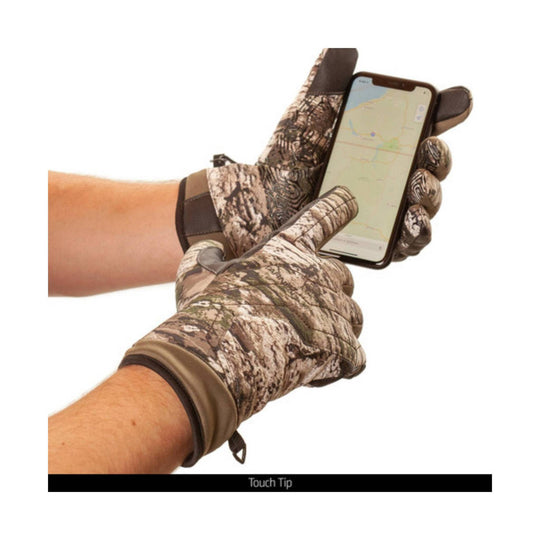 Camouflage hunting gloves holding a smartphone, with touch-tip fingertips