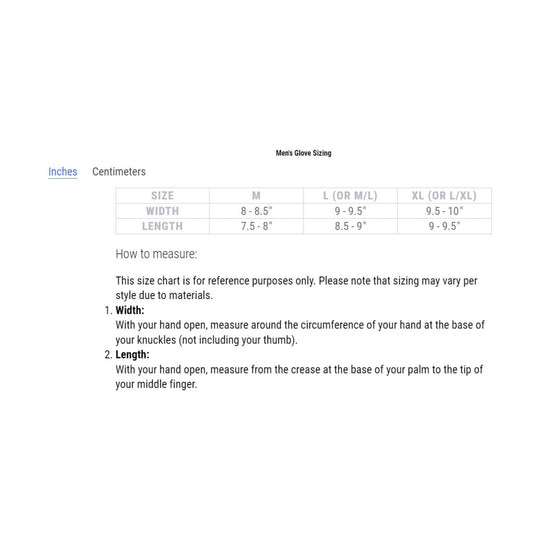 Men's glove sizing chart showing inches and centimeters with width and length measurements for M, L, and XL.